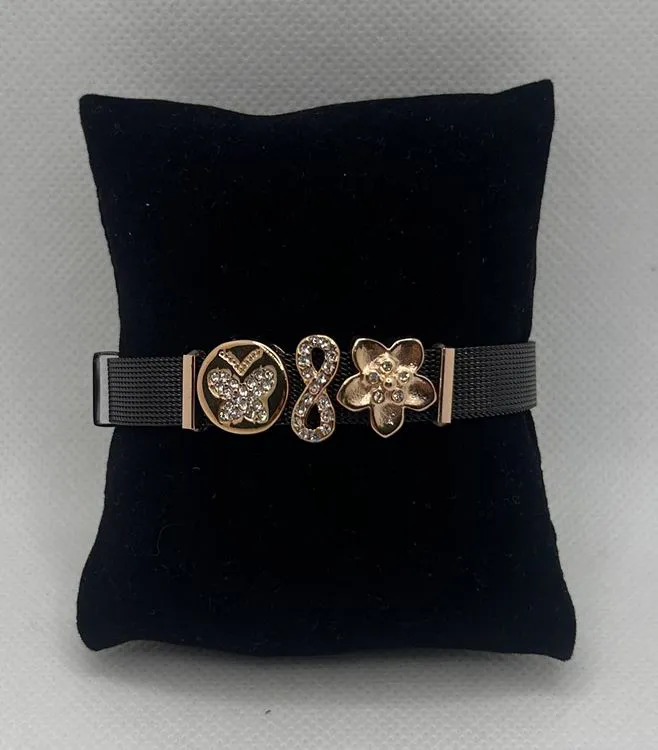 BRACELET PLAT NOIR PAPILLON DORE