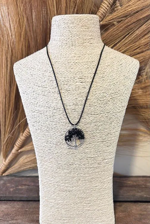 PENDENTIF ARBRE DE VIE AGATE NOIRE AVEC CORDON