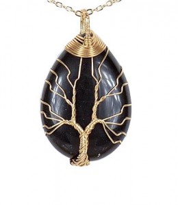 COLLIER ARBRE DE VIE OBSIDIENNE DORE